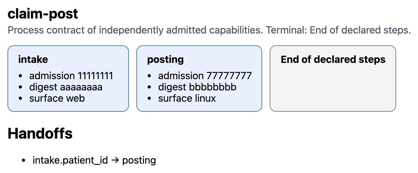 Self-contained HTML from visualize on a process-contract directory. Cards for admitted children intake and posting sit beside a terminal labeled End of declared steps. The listed handoff is intake.patient_id to posting.