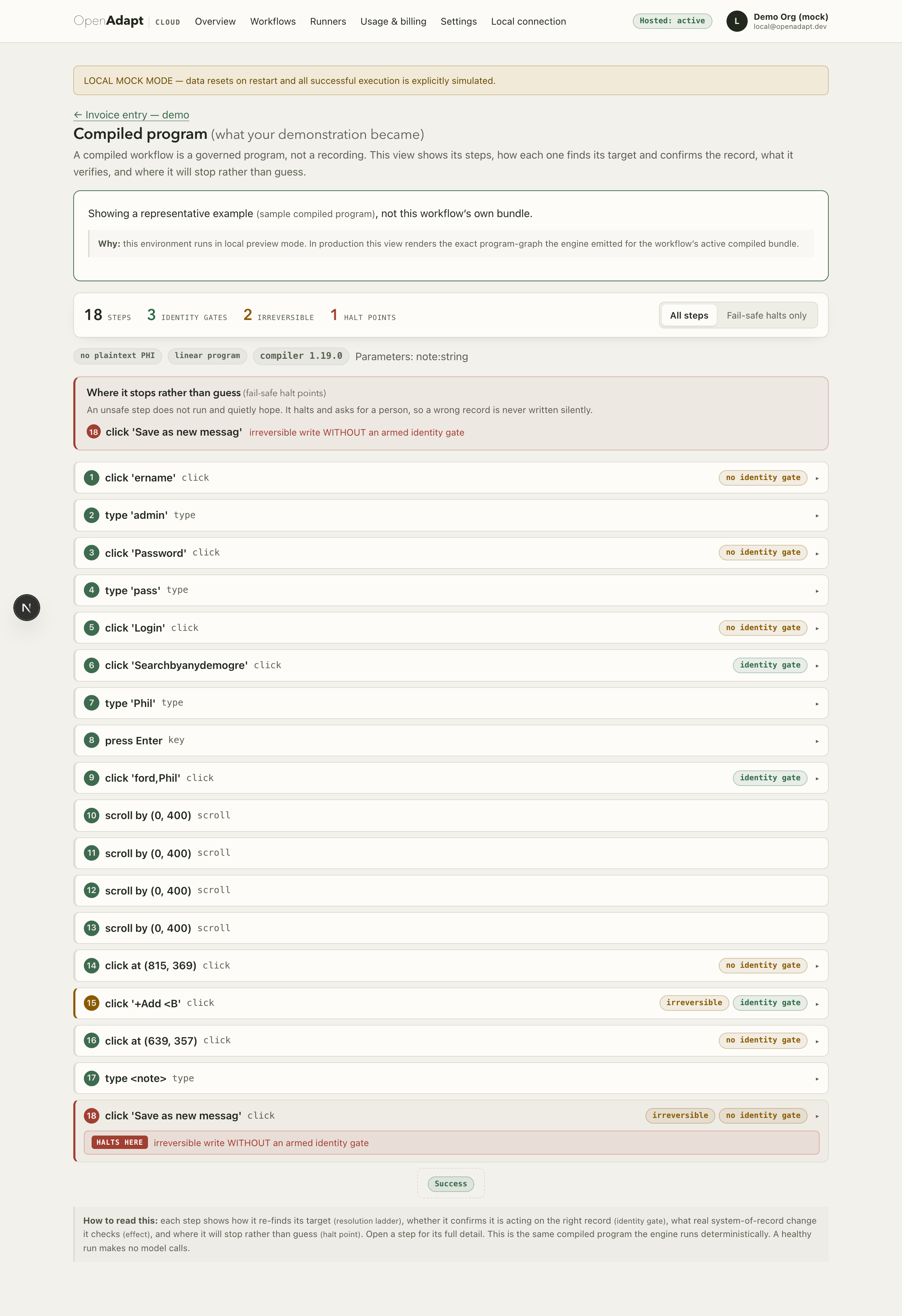 The compiled program in the Cloud workspace: eighteen numbered steps, a summary line counting steps, armed identity gates, irreversible steps, and halt points, and a highlighted fail-safe halt on the final irreversible write.