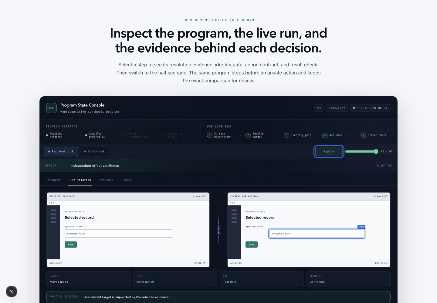 The Program State Console compares retained recorded evidence with the exact current application frame. The current target is outlined only after the runtime binds its geometry to that frame.