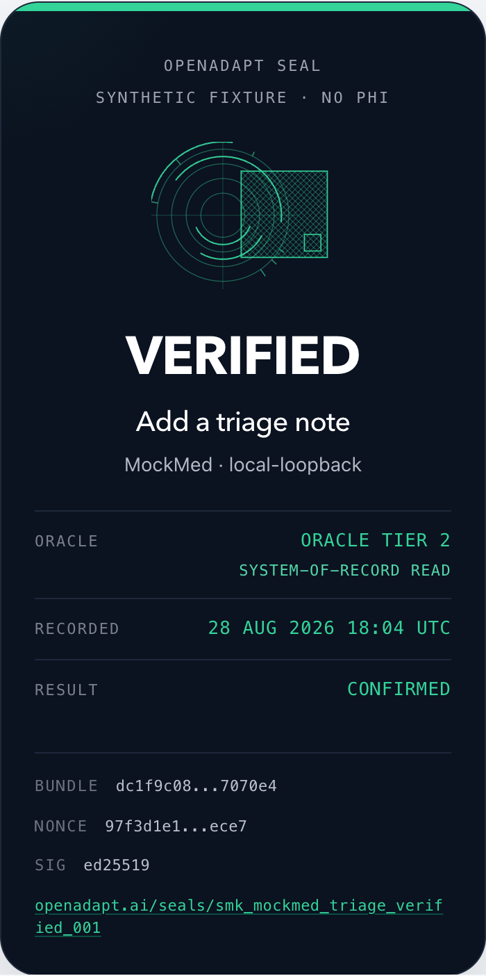 The same instrument, mobile: the VERIFIED certificate stacked for a phone viewport, identity mark above the outcome word.