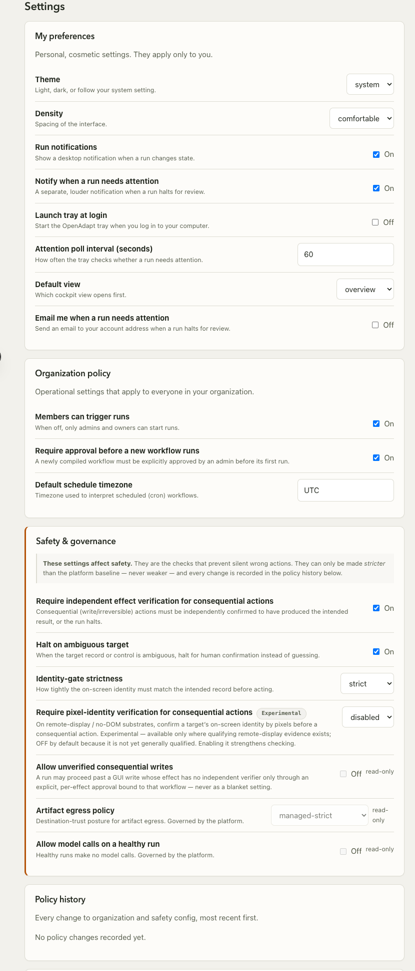 The Cloud settings page split into three panels: My preferences, Organization policy, and Safety and governance, followed by a Policy history panel. The safety panel notes that its settings can only be made stricter and every change is recorded.