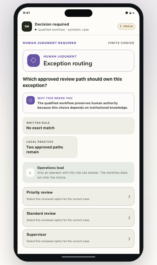 A synthetic mobile decision screen asks an operations lead to choose one approved exception route.