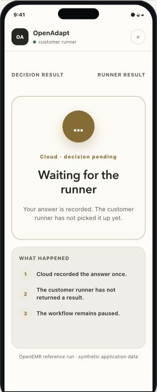 A mobile decision result confirms that the signed answer was accepted and awaits the customer runner.