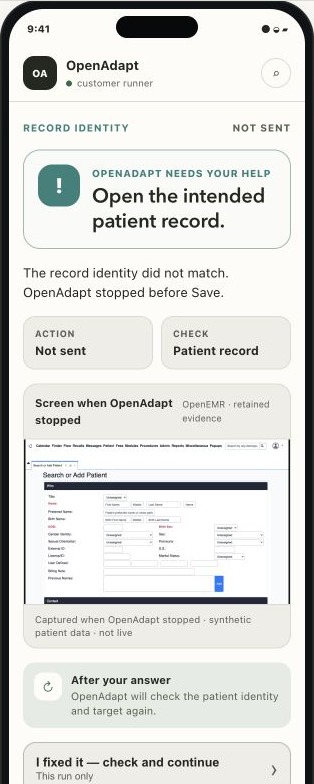 A mobile identity request shows a retained synthetic OpenEMR frame, the available safe actions, and that no action was sent.