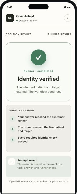 A mobile decision result reports Identity verified after the customer runner checked the live application and saved a bound receipt.